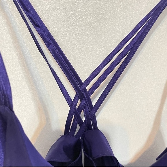 💫 Purple Beaded Satin Strappy Thigh Slit Crisscross Back Mini Slip Dress - Picture 4 of 6